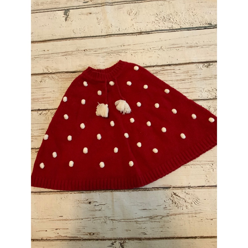OshKosh Bgosh Kids Red Knit Pom Pom Poncho Cape Tassel Tie Sweater 3T